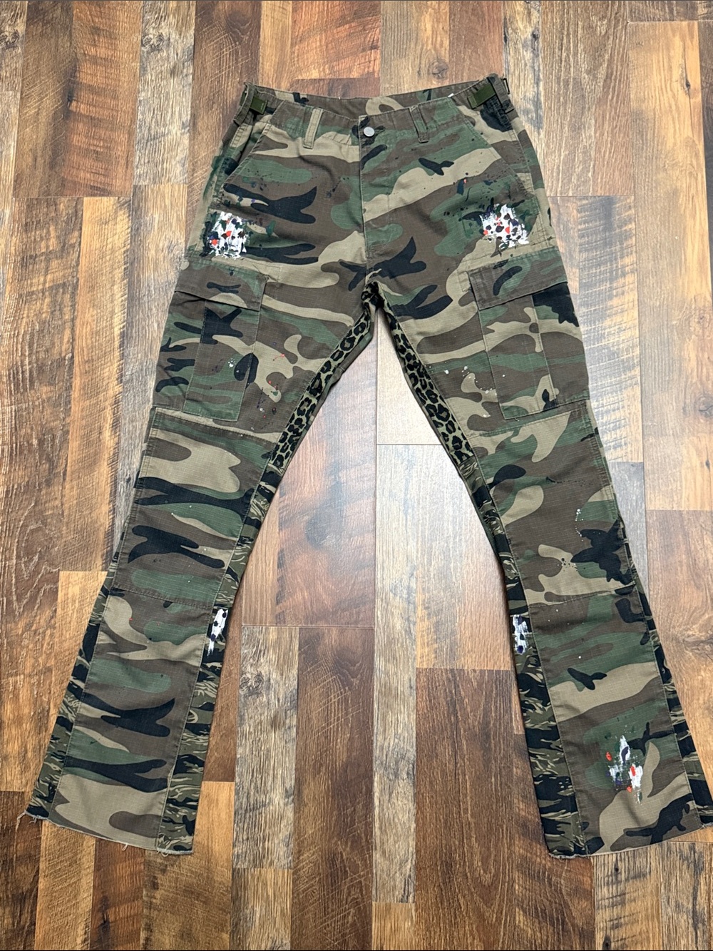 MNML Contrast Bootcut Cargo Pants 32 Woodland Camo Leopard Paint Splatter